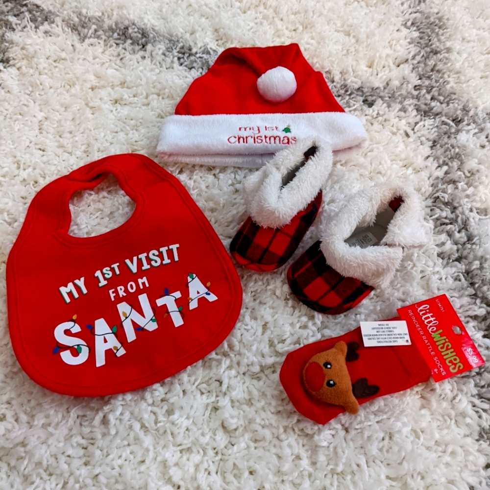 My first Christmas baby bib, Santa hat, booties, and sock rattles